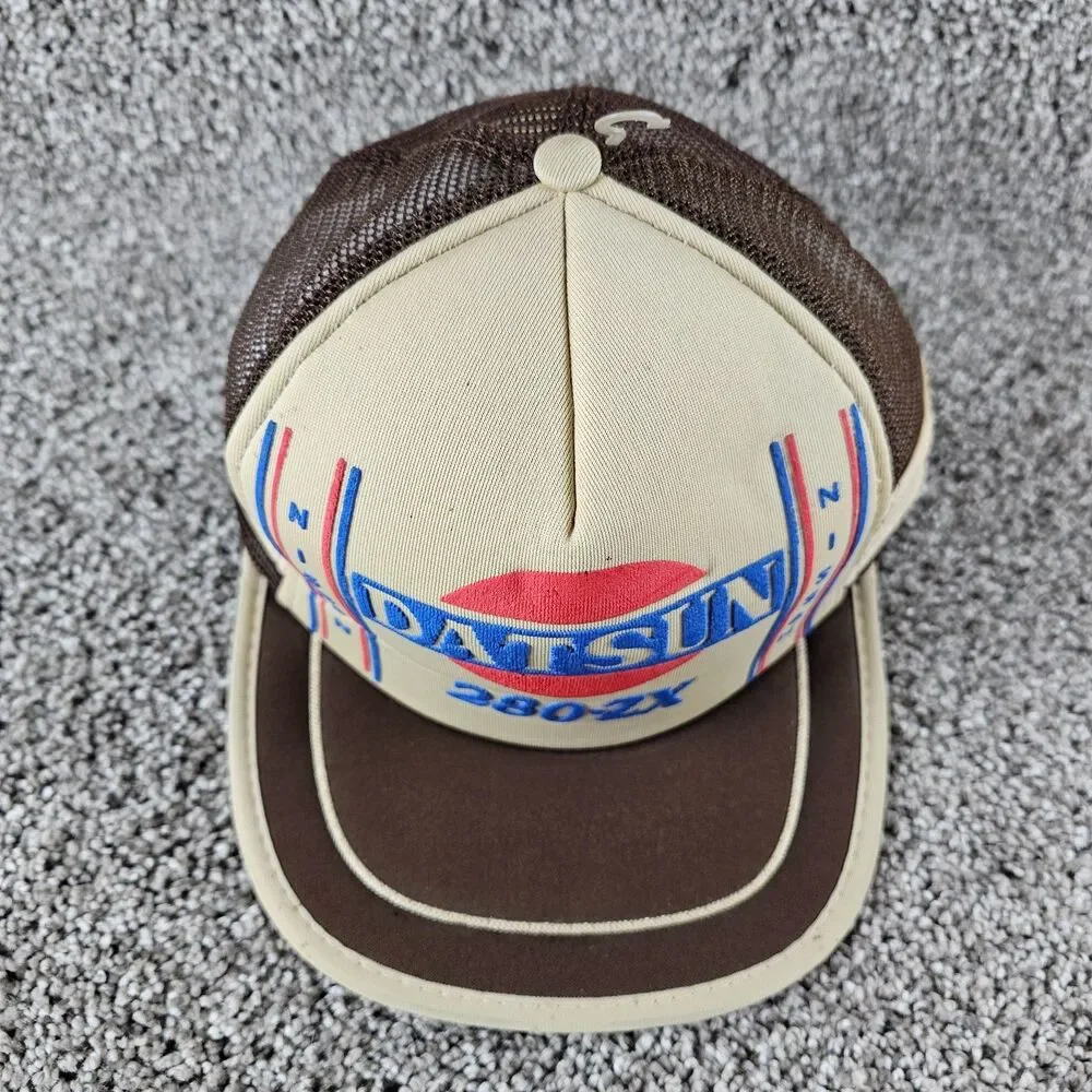 Vintage Datsun Trucker Hat Cap Snap Back 3 Stripe Mesh 280ZX Brown Tuner JDM 80s